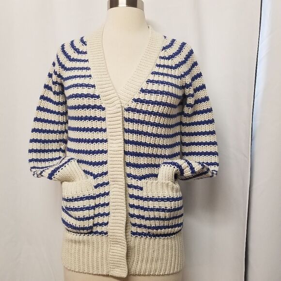 J Crew Ripplestitch Sweater Cardigan Button Down Cotton Blue Striped Chunky XXS - Picture 5 of 10